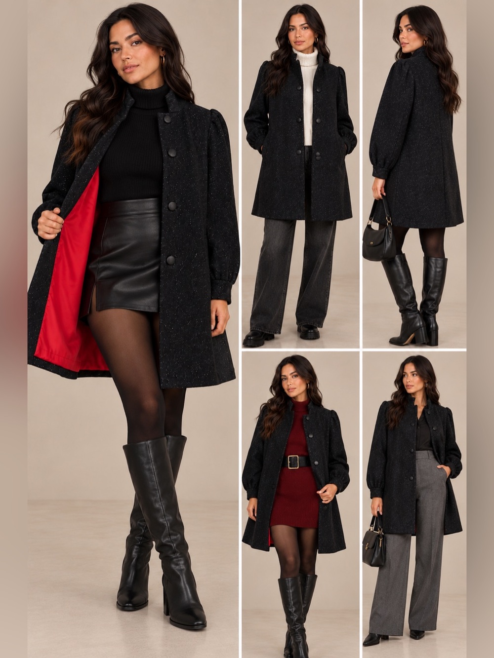 VTG Learsi Black Wool Coat Red Satin Lining 14 Structured Shoulders High Collar